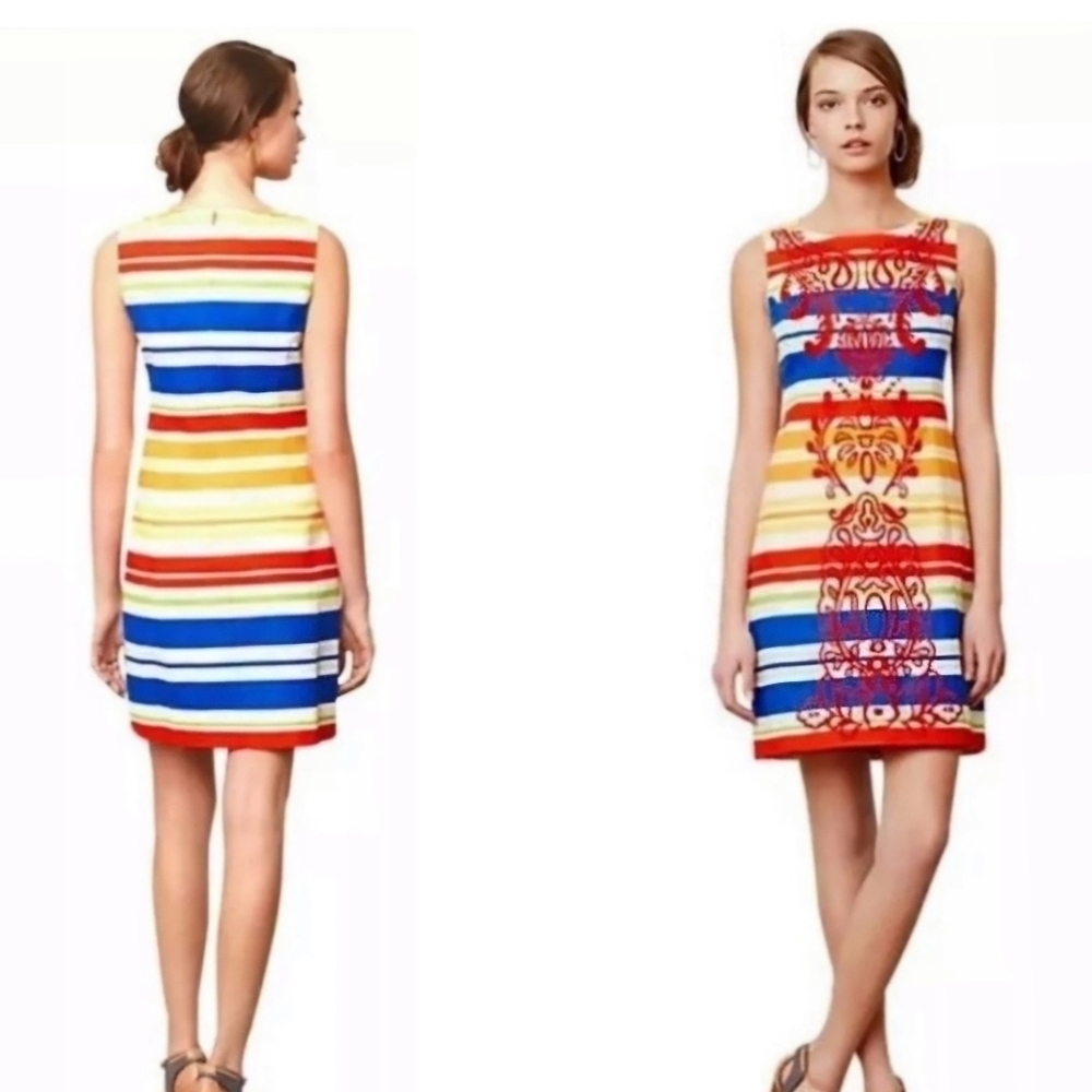 New Anthropologie Tabitha Striped Embroidered Totem Shift Dress Size 6 .